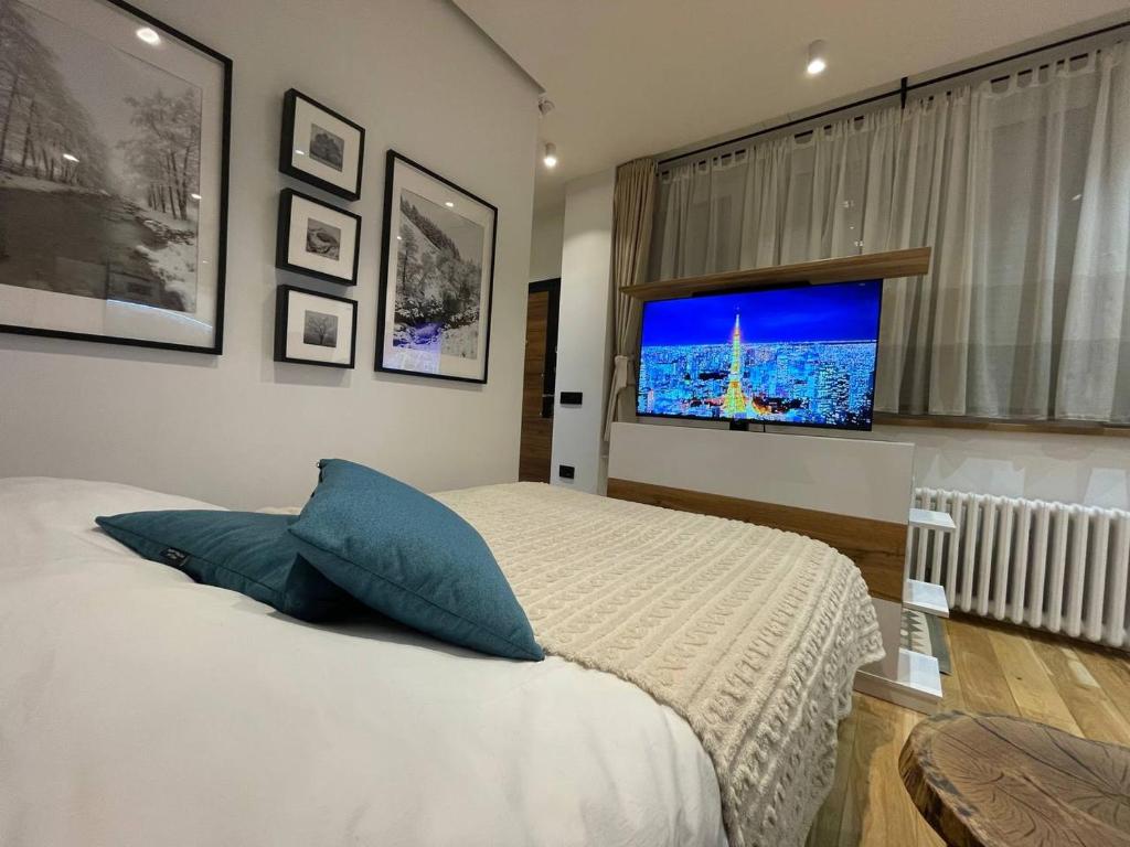 a bedroom with a bed with a television on the wall at Tiny Nest - Sava Center, Belgrade in Belgrade