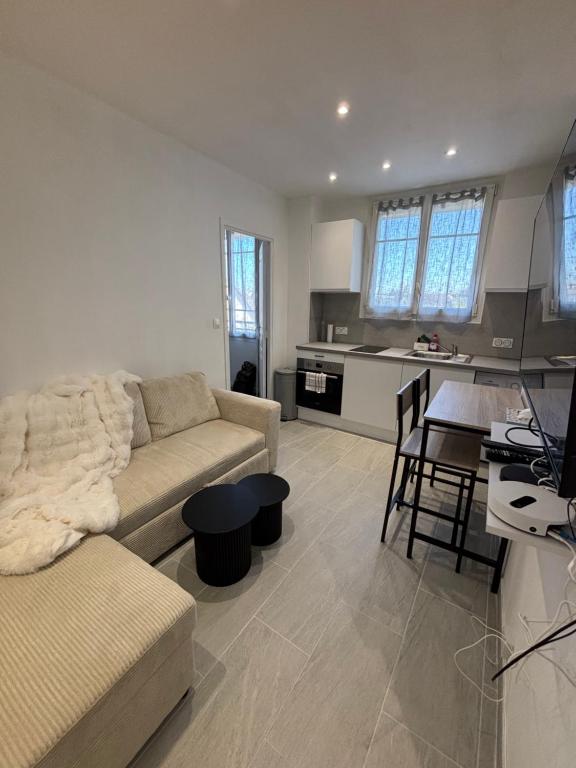 un salon avec un canapé et une cuisine dans l'établissement Charmant appartement rénové en plein centre ville, à Draveil