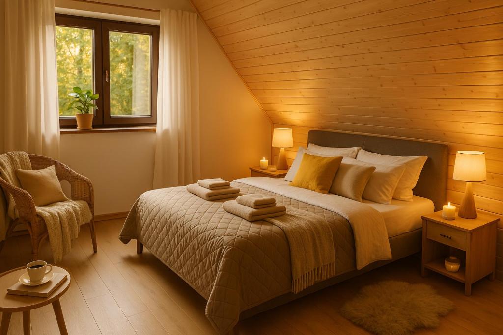 Postel nebo postele na pokoji v ubytování Domki Dream Home z tarasem i ogrodem, szybkim Wi-Fi 600Mb i VOD, Parking free EV