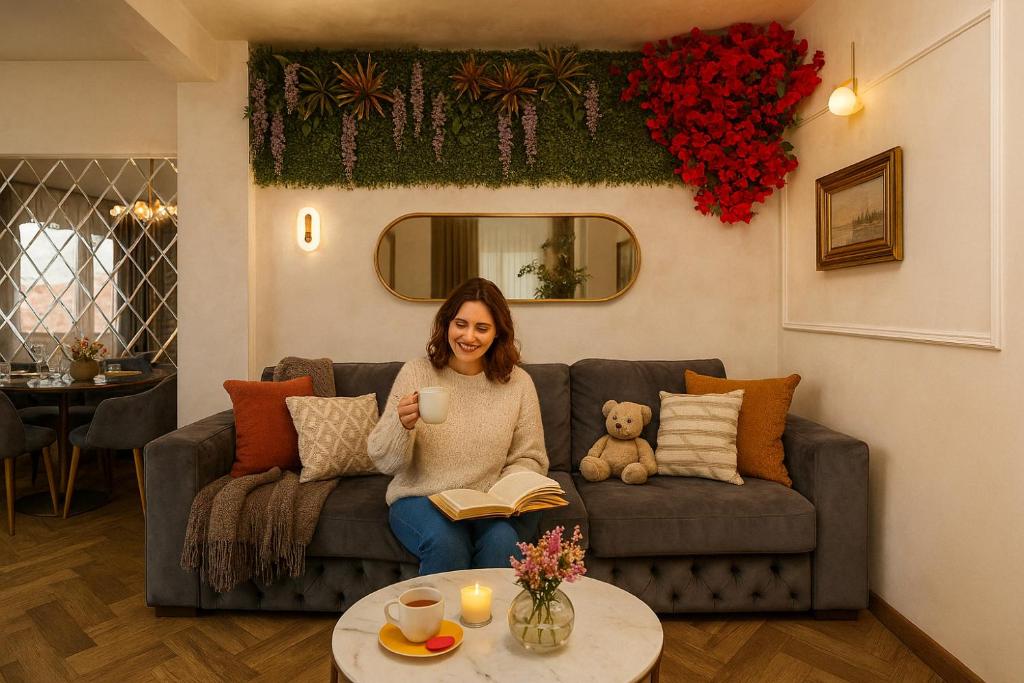a woman sitting on a couch with a book at Royalty Apartment with City Views on Calea Victoriei in Bucharest