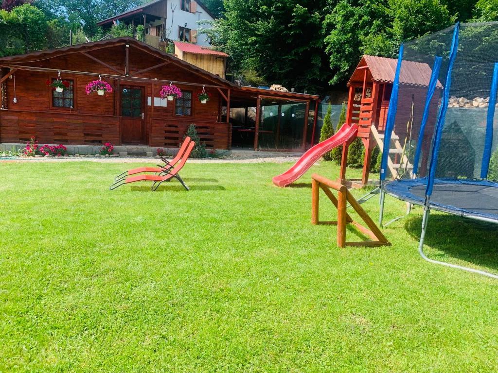 a playground with a slide and a swing set in a yard at Cabana Baile Chirui Ciubar in Băile Chirui