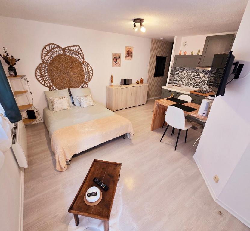 un salon avec un lit et une table dans l'établissement Studio cosy, à Bagnères-de-Bigorre