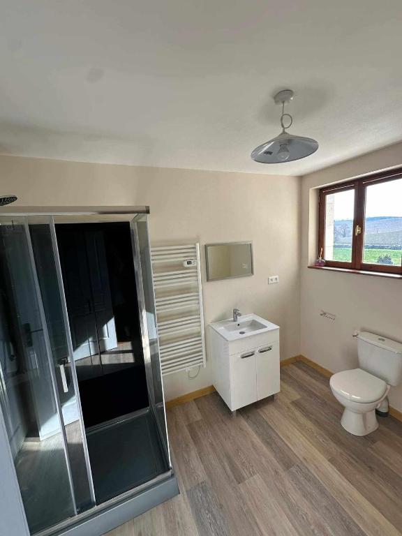 une salle de bain avec toilettes et lavabo dans l'établissement Le Clos de Bourdeilles chambre 2 avec wifi, à Bourdeilles