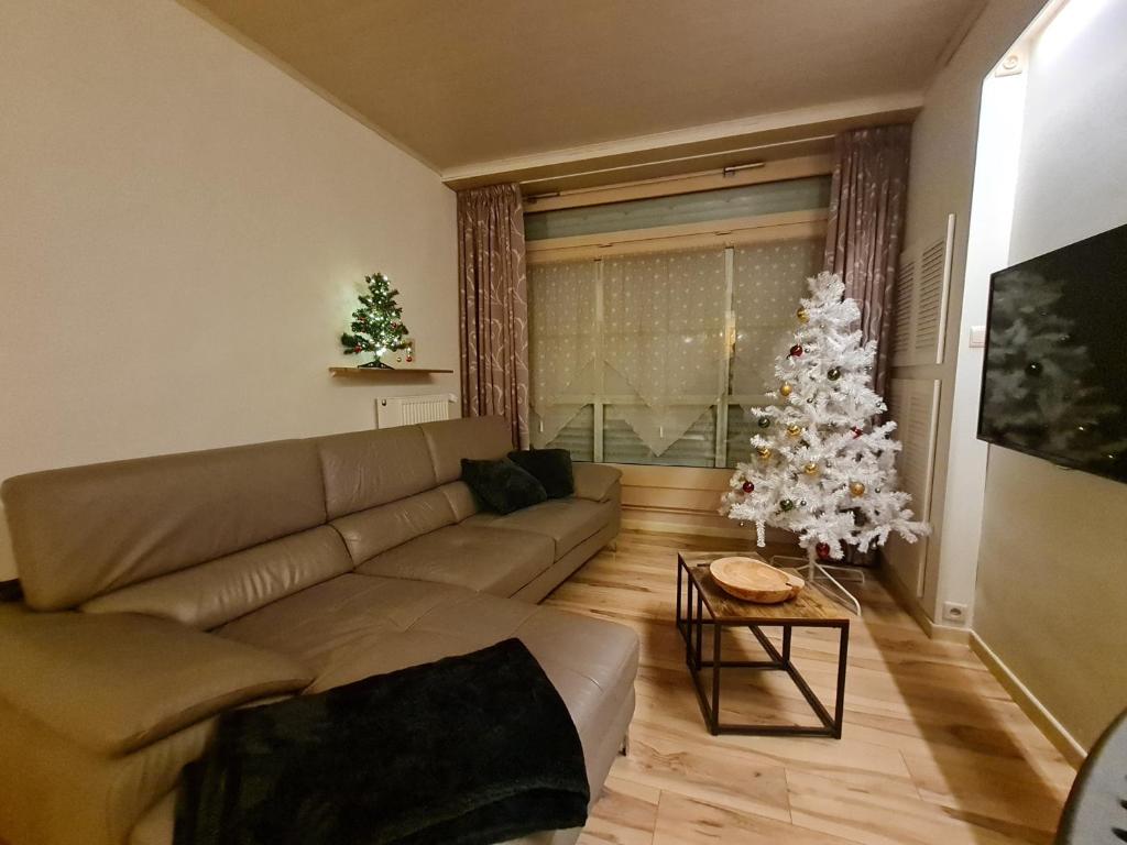 a living room with a couch and a christmas tree at Gasthuis In't Stad in Nieuwpoort