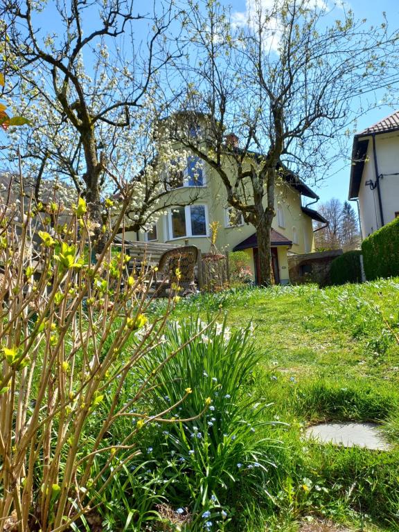 a house in a yard with yellow flowers in the grass at apartma Aljaž in Spodnja Idrija