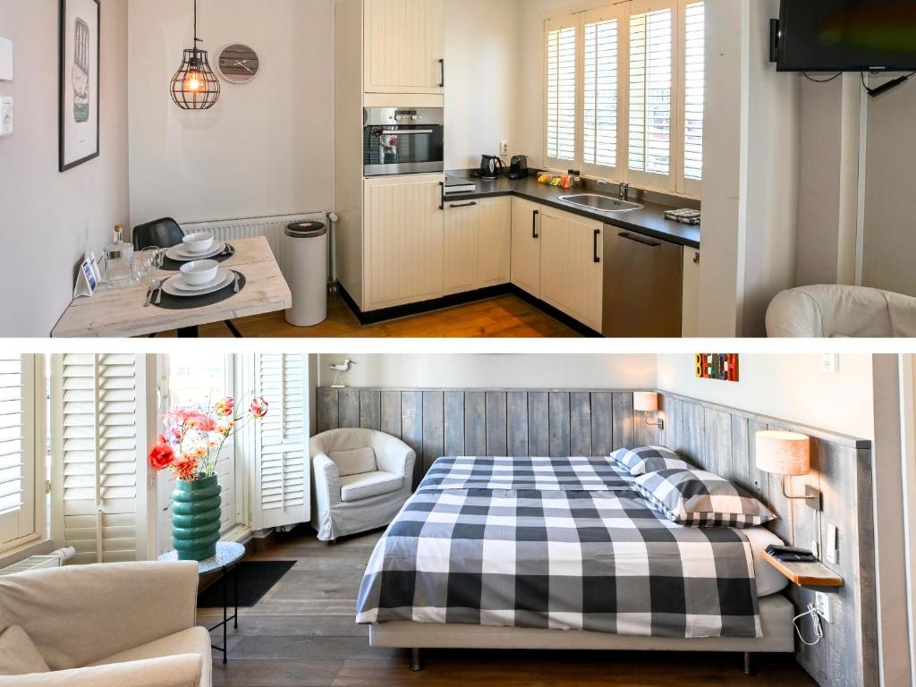 a kitchen and a bedroom with a bed in a room at Zeehuis Appartement & Studio in Zandvoort