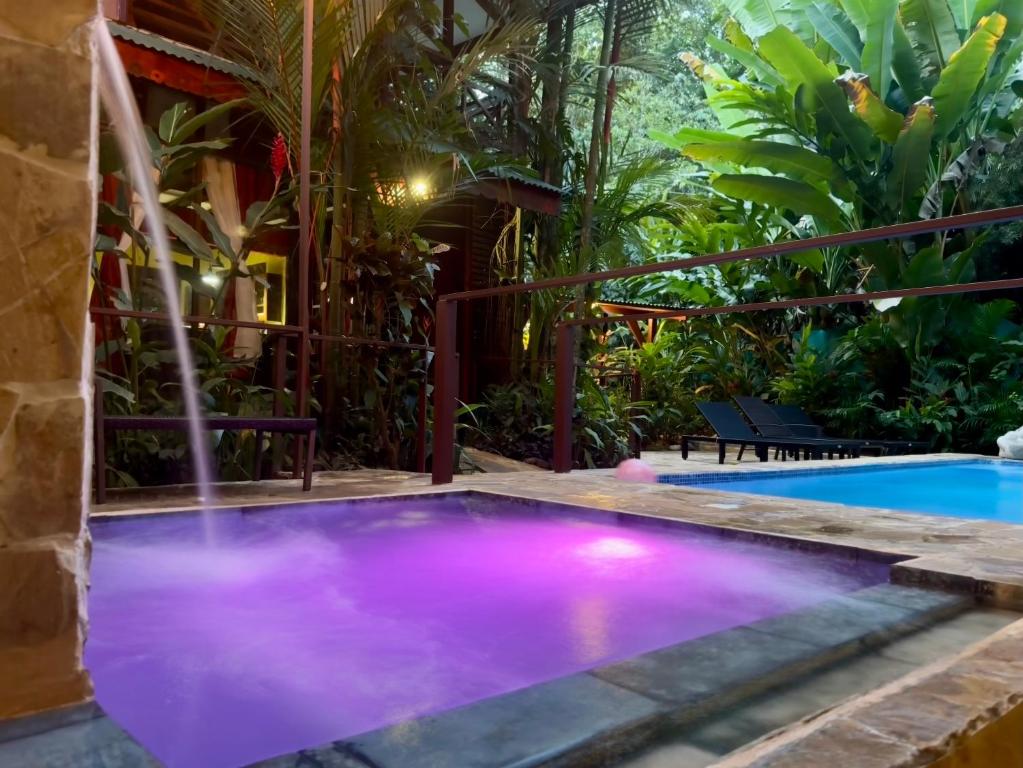 Private Villa with Pool & Heated Jacuzzi, AC, Jungle Garden Near Amenities & Beach في Talamanca: مسبح بمياه ارجوانيه في منتجع به نباتات
