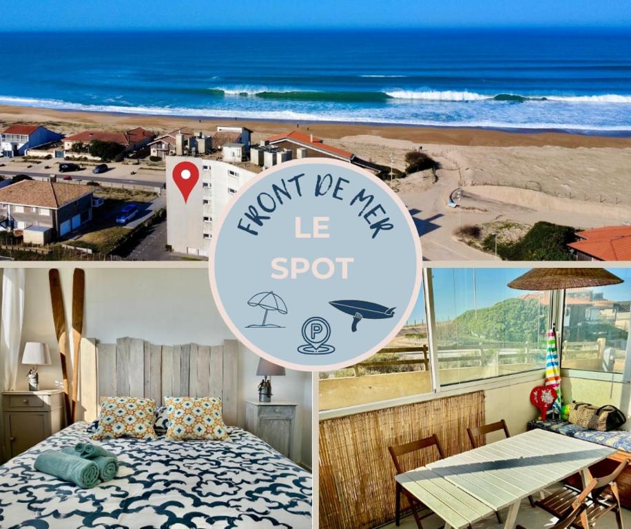 un collage de photos avec une plage et un panneau dans l'établissement Ocean SPOT, Vue sur la mer, Vacance Famille, Parking, Surf, 4P, à Hossegor