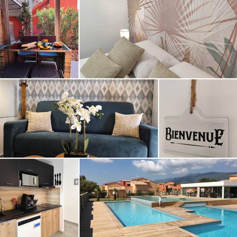 un collage de photos avec un canapé bleu et une piscine dans l'établissement T2 Cyprien, Climatisé, piscines, resto, 5mn plages, à Lecci