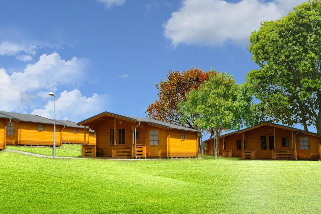 un par de edificios de madera con un campo de césped en Camping Amerika, en Františkovy Lázně