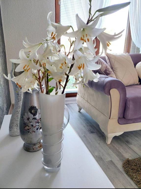 two vases with white flowers on a table in a living room at Apartman STARI GRAD in Bihać