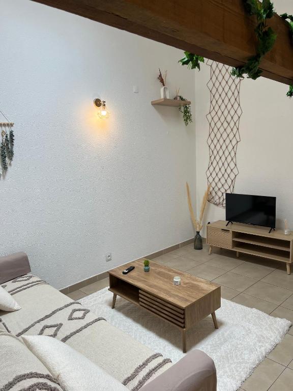 un salon avec un canapé et une table basse dans l'établissement Le Bohème Floral Lit King Size, à Carcassonne