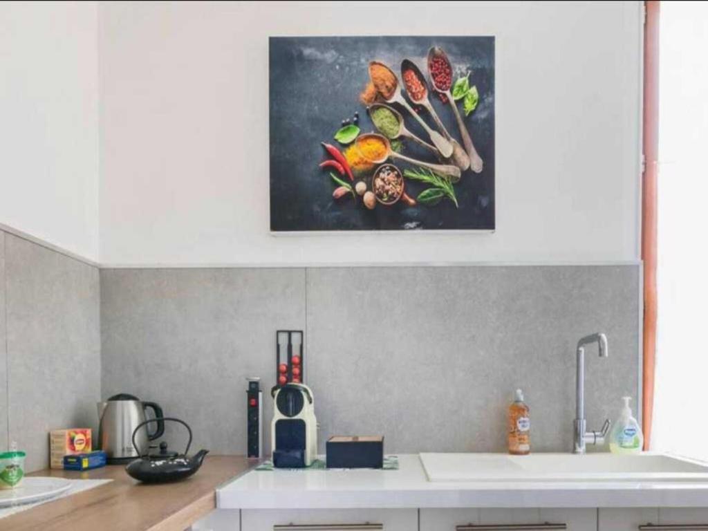 une cuisine avec une peinture de légumes sur le mur dans l'établissement Charming flat - 1BDR 2P - Montargis centre, à Montargis