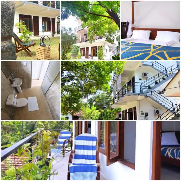 a collage of photos of a hotel with a bed and chairs at Saimon Villa in Mirissa