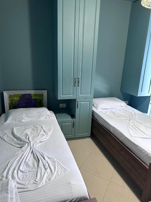 two beds in a room with blue walls at Mikpritja Pogradec, Tushemisht 5 in Tushemisht