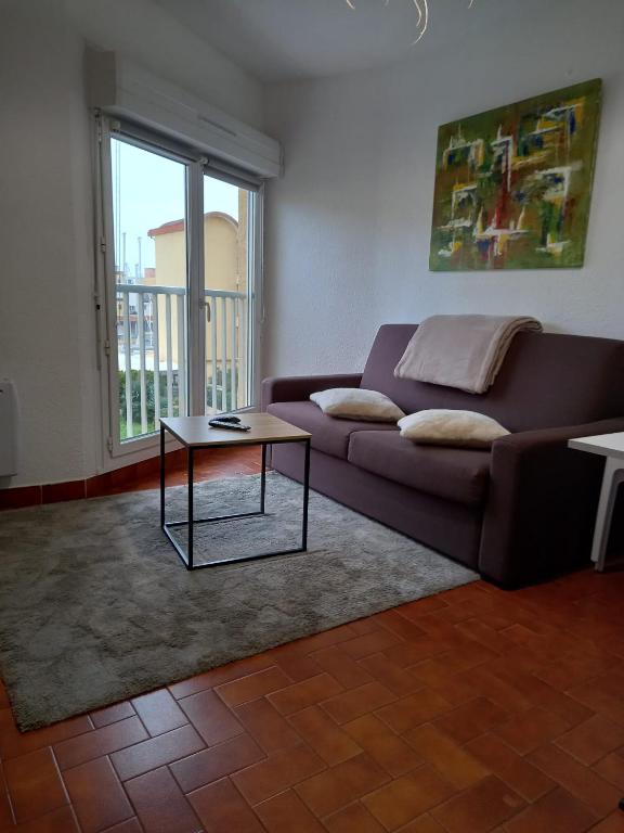 un salon avec un canapé et une table dans l'établissement T2 standing Gruissan, à Gruissan