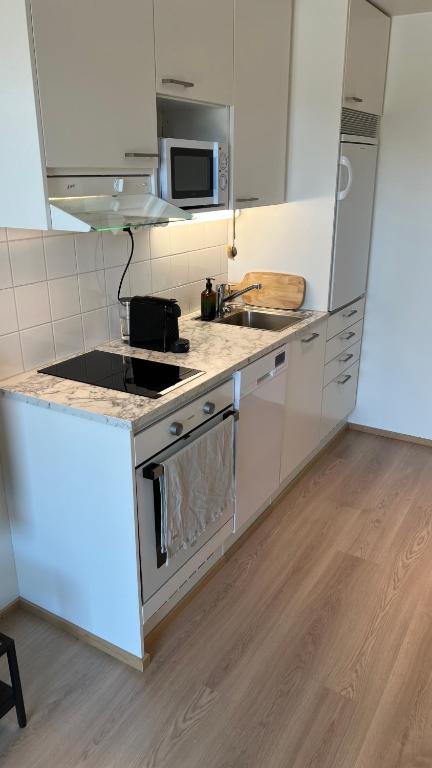 a small kitchen with a stove and a sink at Helsinki Airport Apartment Stay in Vantaa
