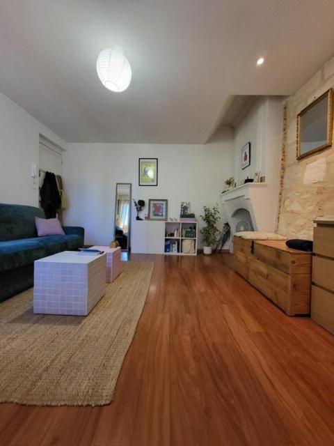 un salon avec un canapé et une cheminée dans l'établissement Très agréable studio au calme, à Bordeaux