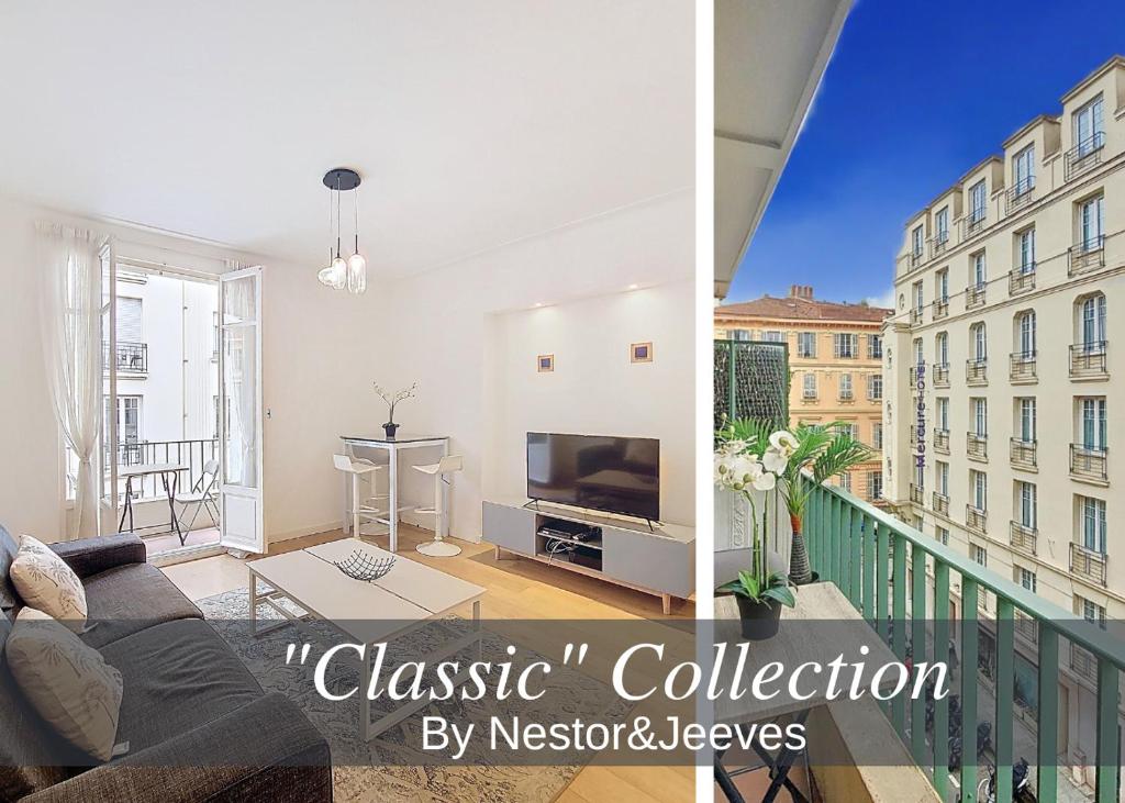 d'un salon avec un canapé et une télévision sur un balcon. dans l'établissement Nestor&Jeeves - MATISSE PLAGE - Central - Balcony, à Nice