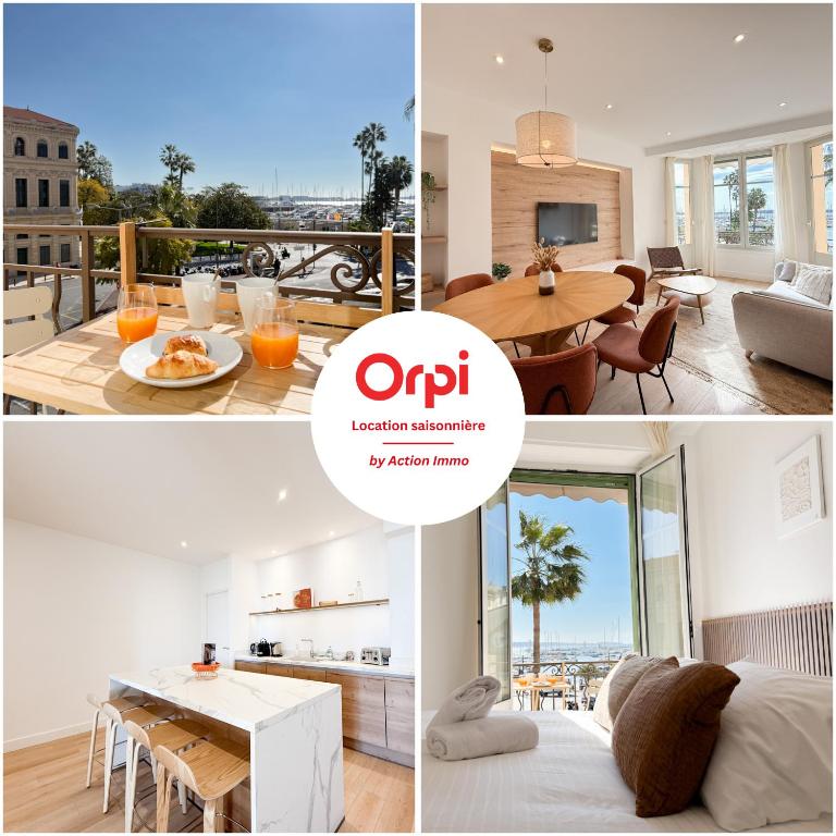 un collage de photos d'une cuisine et d'un salon dans l'établissement 5A - APARTMENT FACING PORT & Town Hall, à Cannes