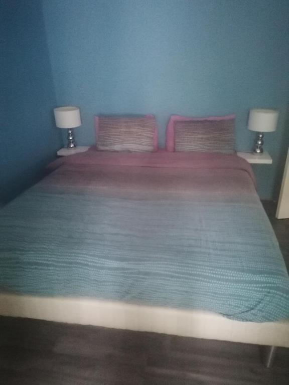 une chambre avec un grand lit avec deux lampes dans l'établissement chez Christine, à La Celle-Saint-Cloud