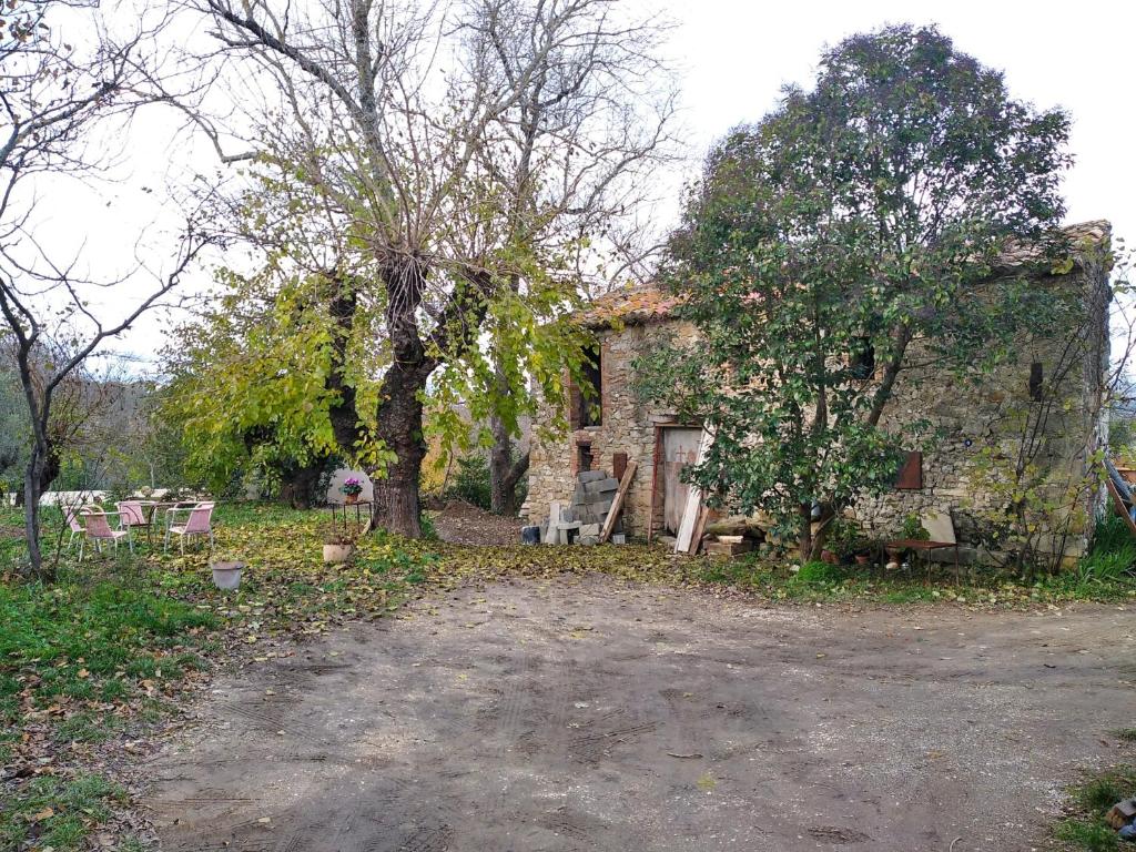 une vieille maison en pierre avec des chaises et un arbre dans l'établissement La Forge 1846, à Servas