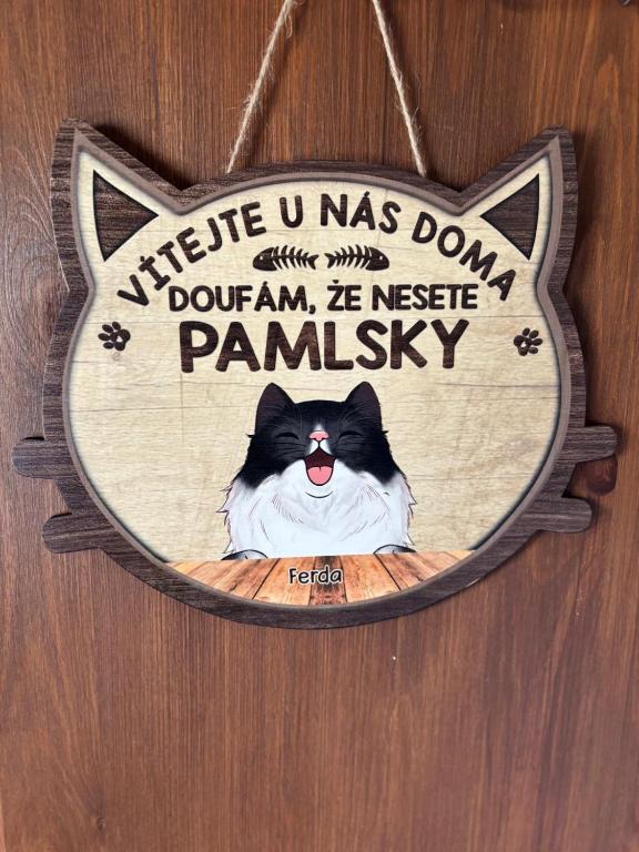 a wooden sign with a picture of a cat at Šumava apartmán U Kočiček in Strašice