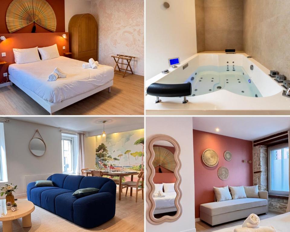 a collage of photos of a hotel room with a tub at Romance & Evasion - Centre Ville - Love Room - Balnéo in Quimper