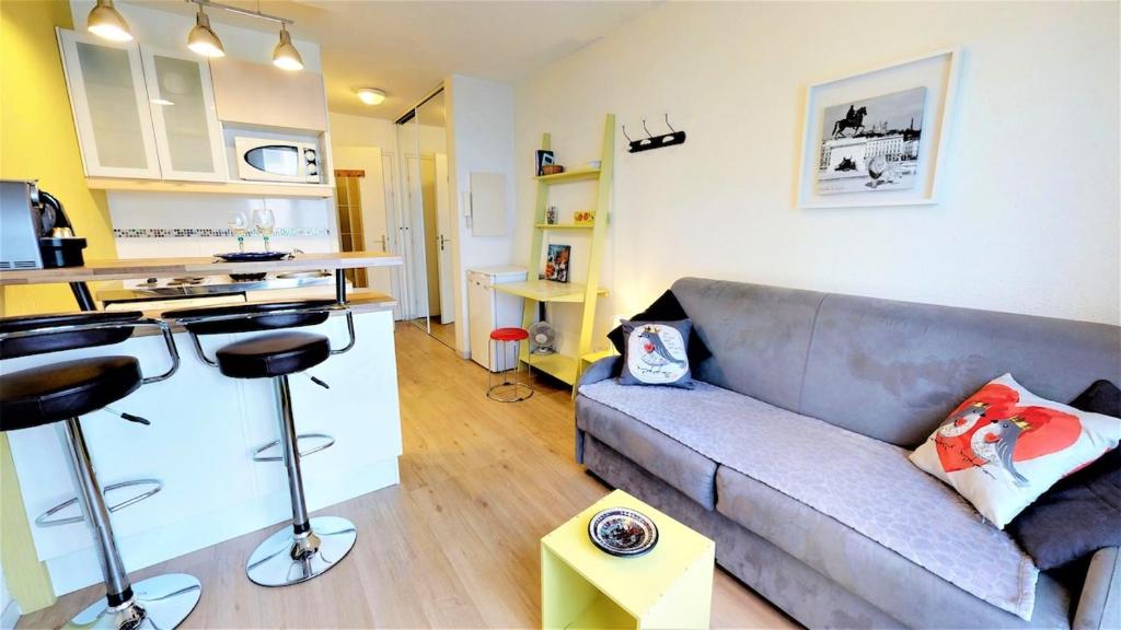 un salon avec un canapé et une cuisine dans l'établissement Grange Blanche 1, à Lyon
