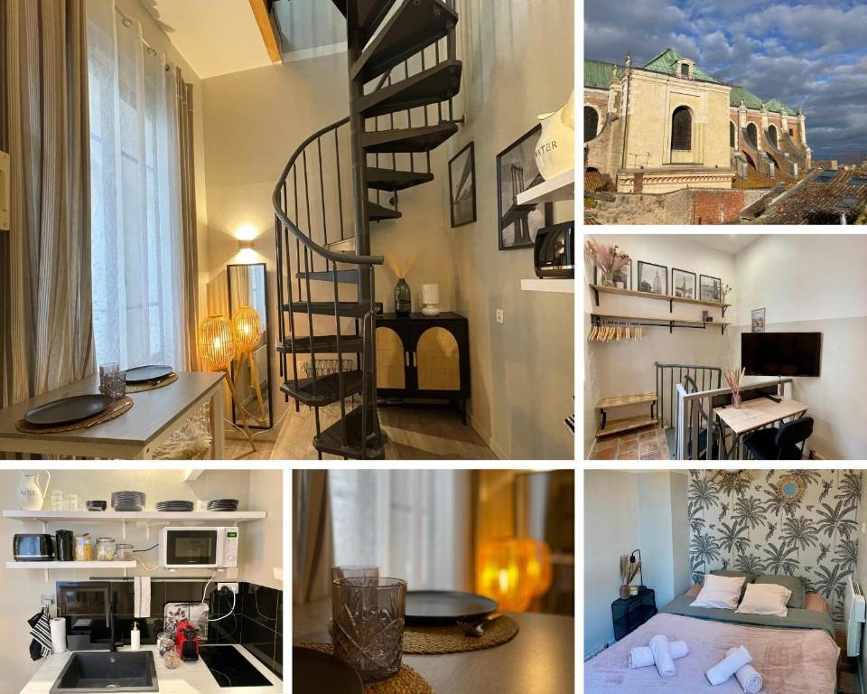 un collage de photos d'une chambre avec un escalier en colimaçon dans l'établissement T1 Duplex Cosy - Notre-Dame - Netflix, à Montauban