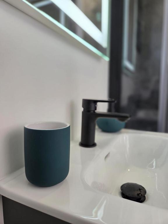 une tasse assise au-dessus d'un lavabo dans la salle de bains dans l'établissement La P'tite Créole, à Auzon