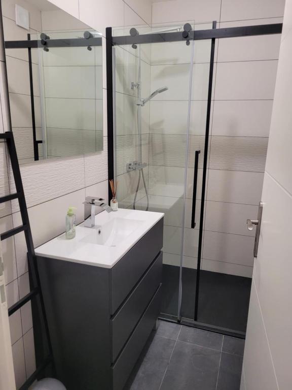 une salle de bain avec un lavabo et une douche dans l'établissement Bas de villa, à Cavalaire-sur-Mer