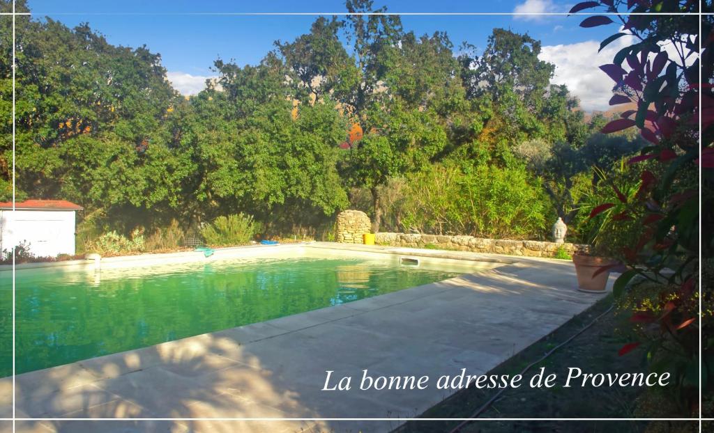 a swimming pool with green water and trees at La Bonne Adresse - Gite ZENITUDE in Cornillon-Confoux