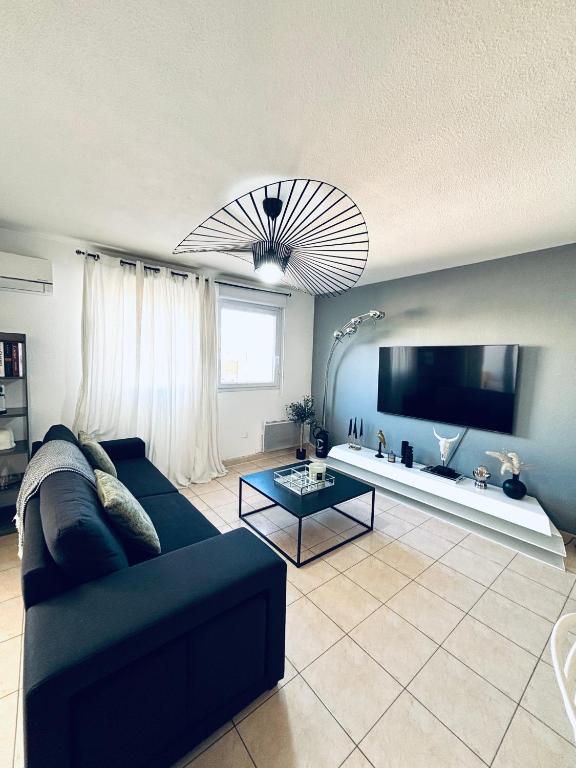 un salon avec un canapé et une télévision dans l'établissement Le Nicol's-PISCINE-PARKING-WIFi, à Béziers