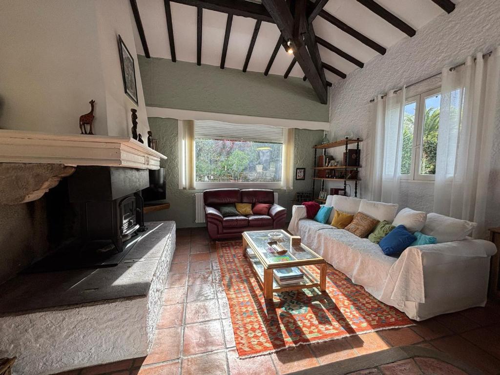 un salon avec un canapé et une cheminée dans l'établissement Grande maison basque avec terrasse et parking à Ciboure - FR-1-239-1113, à Ciboure