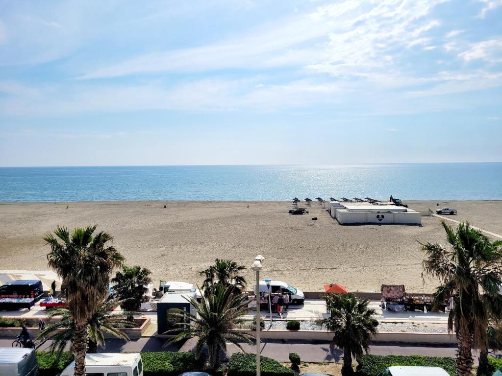 - une plage avec des palmiers et un bateau dans l'établissement Beau studio cabine avec parking et climatisation, idéal pour 4 personnes - FR-1-794-161, à Canet