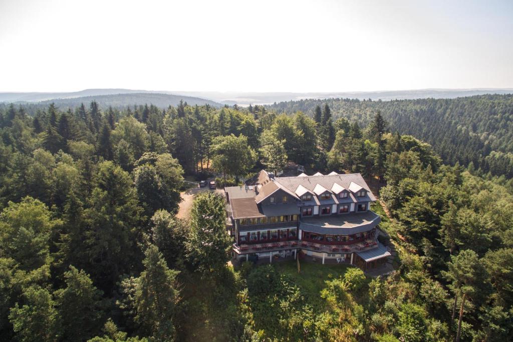 an aerial view of a large house in the woods at Augustusberg Hotel & Restaurant in Bad Gottleuba