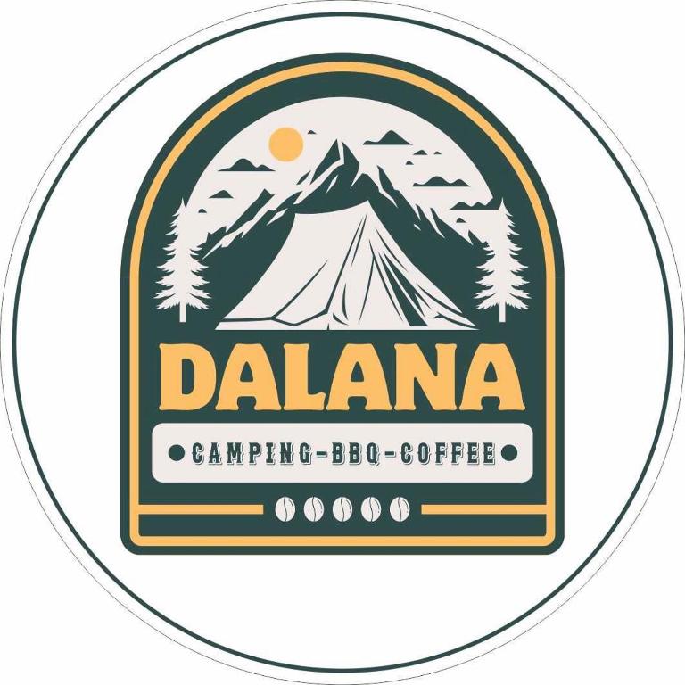 a label with a tent and a mountain at Dalana Coffee Camping Đà Lạt in Da Lat
