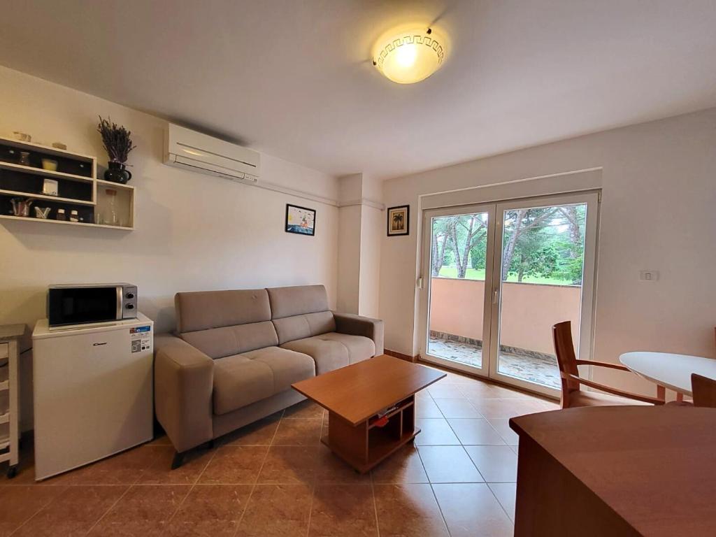 ein Wohnzimmer mit Sofa und Tisch in der Unterkunft Apartment Sana in Medulin
