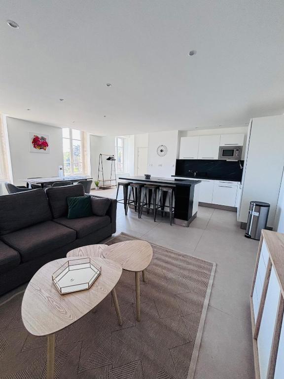 un salon avec un canapé et une table dans l'établissement Charmant duplex Albigny sur Saône, à Neuville-sur-Saône