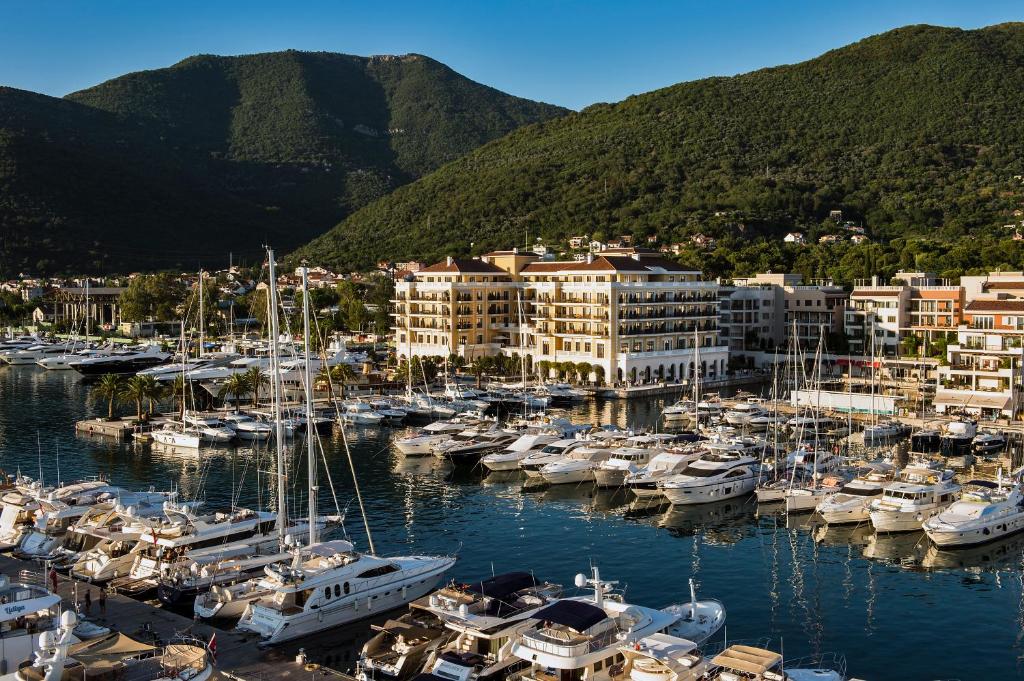 Un gruppo di barche sono ormeggiate in un porto. di Porto Montenegro Residences a Tivat