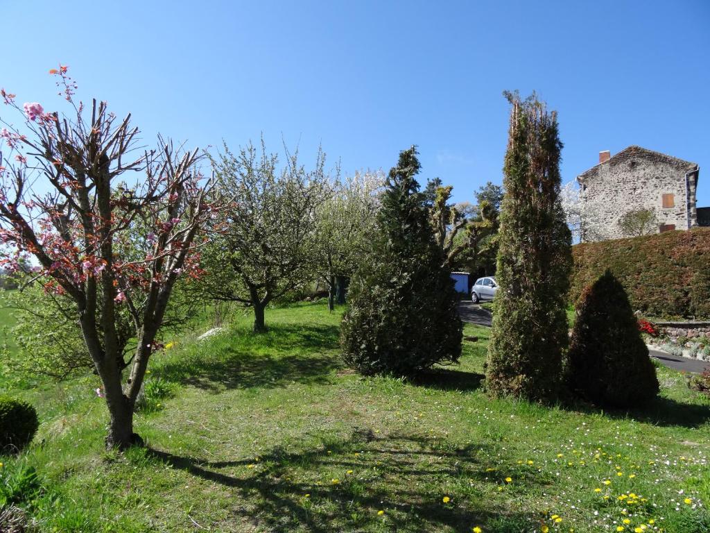 un jardin avec des arbres et un château en arrière-plan dans l'établissement L'Azeuil, à Saint-Vidal