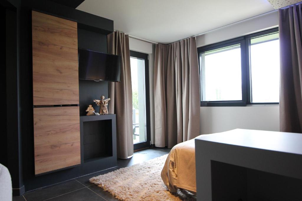 a bedroom with a bed and a tv on a wall at ALSACE Cosy in Schoenau