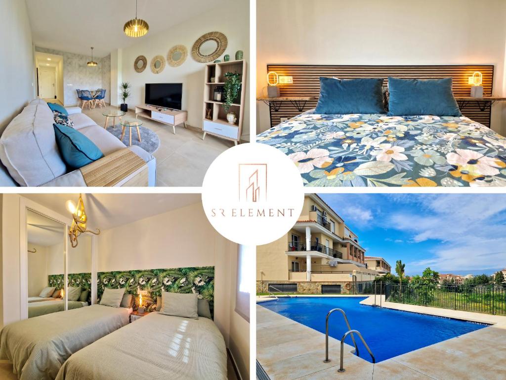 Un collage de fotos de un dormitorio y una villa. en SR Colinas del Faro 2 BDR in Mijas Costa, en Mijas Costa