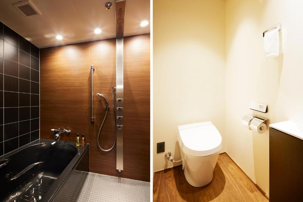 two pictures of a bathroom with a toilet and a shower at Minn Nijo-jo in Kyoto