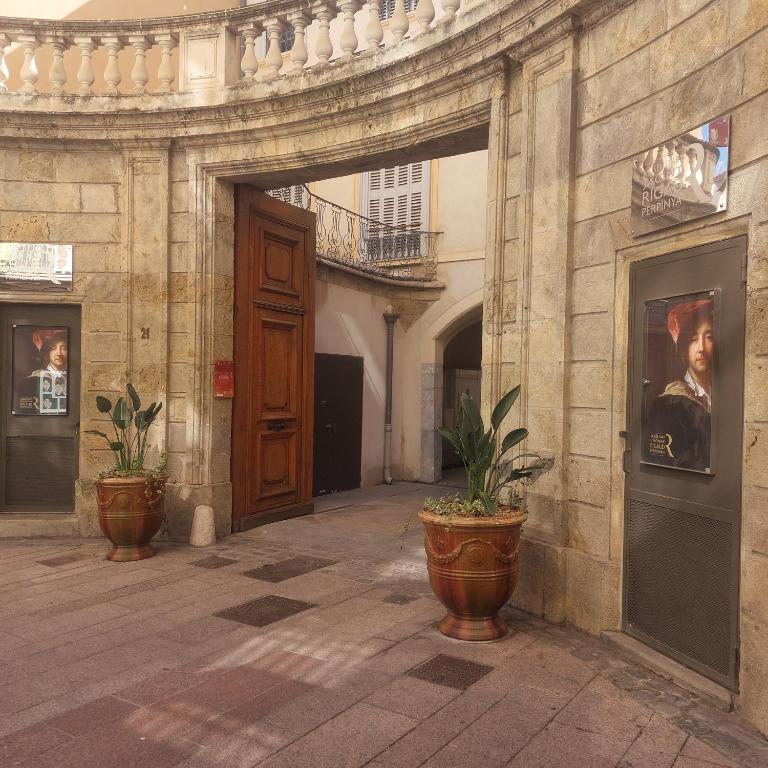 une entrée à un bâtiment avec deux plantes en pot dans l'établissement Centre historique à 2 pas du musée RIGAUD, à Perpignan