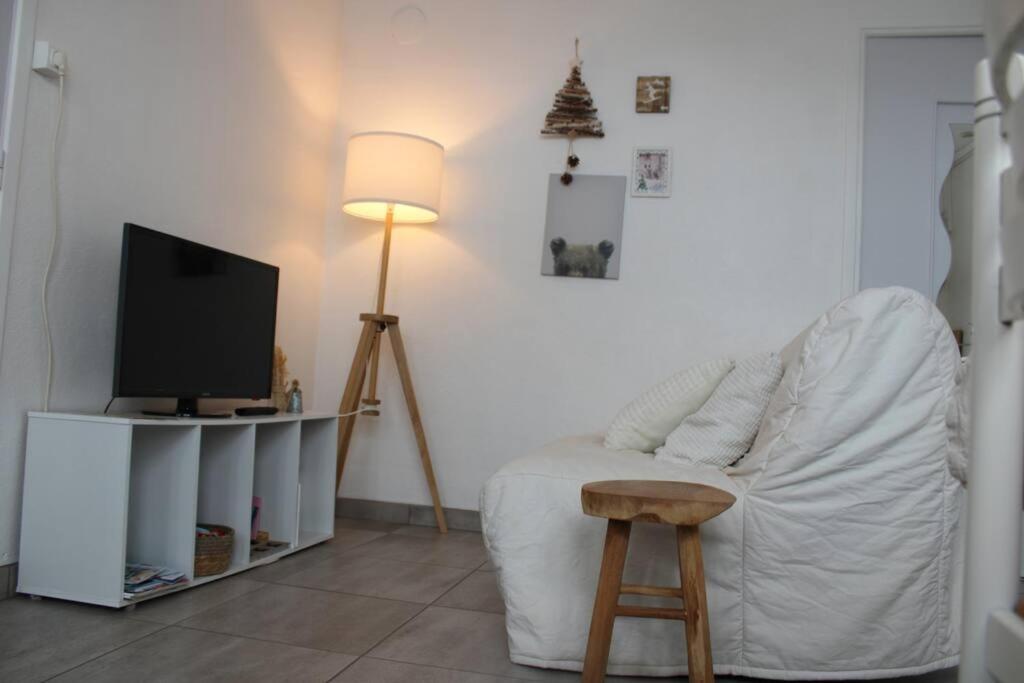 un salon avec un canapé blanc et une télévision dans l'établissement Picherande - Le Ravelou, appartement au coeur du Sancy, à Picherande