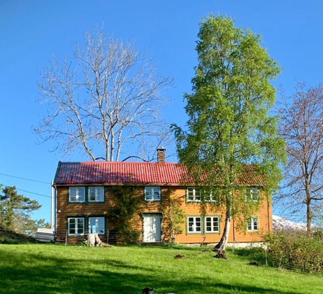 a large brick house with a tree in a field at Draget gård in Molde