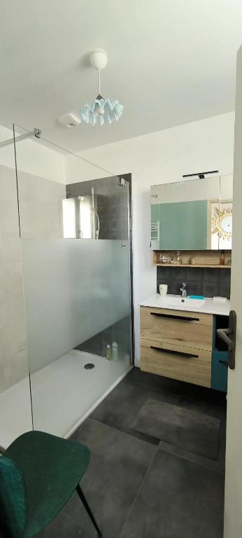 une salle de bain avec une douche en verre et un lavabo dans l'établissement Penn Ar Bed, à Paimpol