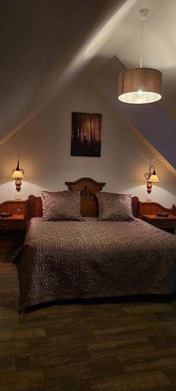 - une chambre avec un grand lit et 2 lampes dans l'établissement Gîtes Hassenforder, à Kaysersberg